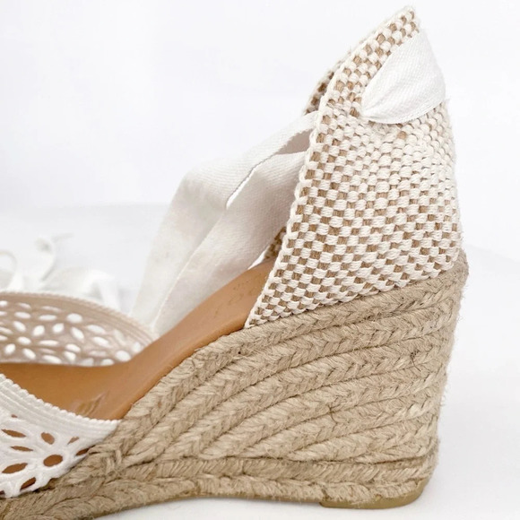 MAYPOL x Anthropologie | White Crochet Lace Up Espadrille Wedge Heel Sandals | 9 - Picture 8 of 13